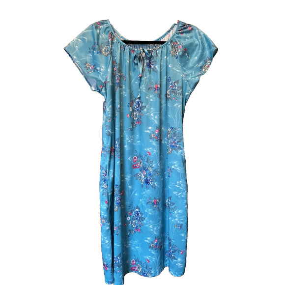 Vintage IMPROVED LIVING 80s House Dress Sleepwear Size Large Blue With Flowers - Picture 1 of 5